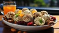 Delicious Apricot Coconut and Pistachio Energy Balls in Plate on Blurry Background Royalty Free Stock Photo