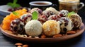 Delicious Apricot Coconut and Pistachio Energy Balls in Plate on Blurry Background Royalty Free Stock Photo