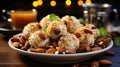 Delicious Apricot Coconut and Pistachio Energy Balls in Plate on Blurry Background Royalty Free Stock Photo