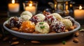 Delicious Apricot Coconut and Pistachio Energy Balls in Plate on Blurry Background Royalty Free Stock Photo