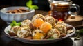 Delicious Apricot Coconut and Pistachio Energy Balls in Plate on Blurry Background Royalty Free Stock Photo