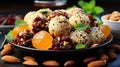 Delicious Apricot Coconut and Pistachio Energy Balls in Plate on Blurry Background Royalty Free Stock Photo