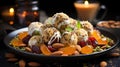 Delicious Apricot Coconut and Pistachio Energy Balls in Plate on Blurry Background Royalty Free Stock Photo