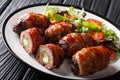 Delicious Armadillo eggs stuffed with jalapeno and cheese wrapped in bacon served with fresh salad close-up on a plate. horizontal Royalty Free Stock Photo