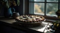 A homemade blueberry pie cooling on a windowsill created with Generative AI