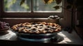 A homemade blueberry pie cooling on a windowsill created with Generative AI