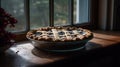 A homemade blueberry pie cooling on a windowsill created with Generative AI