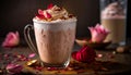 Delicious and aromatic rose water and vanilla latte with sprinkle of cinnamon. Milkshake with foam and cream.