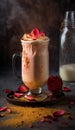 Delicious and aromatic rose water and vanilla latte with sprinkle of cinnamon. Milkshake with foam and cream.