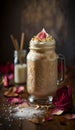 Delicious and aromatic rose water and vanilla latte with sprinkle of cinnamon. Milkshake with foam and cream.