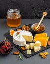 Delicious artisan cheese dish with honey and dried fruits