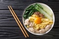 Delicious Asian homemade noodle soup with fried anchovies, meatballs and bok choy close-up in a bowl. horizontal top view