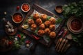 Asian meatballs with tempura vegetables Royalty Free Stock Photo