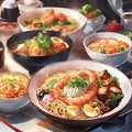 Delicious Asian-style feast featuring shrimp noodles, AI-generated. Royalty Free Stock Photo