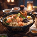 Delicious Asian-style feast featuring shrimp noodles, AI-generated. Royalty Free Stock Photo