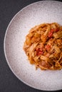 Delicious asian udon dish with vegetables, mushrooms, salt and spices Royalty Free Stock Photo