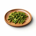 Photorealistic Asparagus Dish With Small Green Okra On Wooden Plate