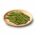 Photorealistic Asparagus Dish With Small Green Okra On Wooden Plate