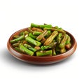 Photorealistic Asparagus Dish With Small Green Okra On Wooden Plate
