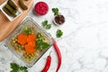 Delicious aspic with meat and vegetables served on white marble table, flat lay. Space for text Royalty Free Stock Photo