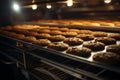 Delicious assembly a factory line produces chocolate cookies with rhythmic precision