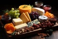 Delicious assortment of various cheese types, beautifully arranged on a rustic wooden table