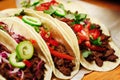 Delicious authentic snack in form of tacos mexican with vegetable and meat filling