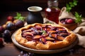 Delicious autumn plum cake dessert on wooden table