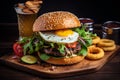 Delicious Bacon Burger with fried Egg, Salad, Cheese and avocado along with fried onion rings Royalty Free Stock Photo