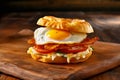 Delicious bacon, egg, cheese, and tomato breakfast sandwich on a croissant roll, beautifully presented on a wooden cutting board