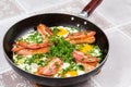 Delicious bacon strips, sausages and fried eggs breakfast in pan Royalty Free Stock Photo