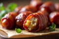 Delicious bacon wrapped dates served as delightful appetizers at party under soft diffused warm lighting