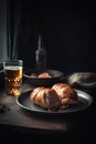 Delicious bacon wrapped meat rolls with glass of beer in the background.