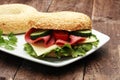 Delicious bagel sandwich on the table Royalty Free Stock Photo