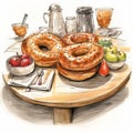 Delicious Bagels, Milk, And Juice: A Realistic Scenery Sketch