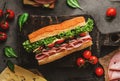 Delicious baguette sandwich with ham, bacon, cheese, lettuce, tomatoes, sausage, gammon on cutting board with herb and spices over