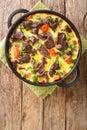 Delicious baked beef with vegetables in egg sour cream sauce close-up in a frying pan. vertical top view Royalty Free Stock Photo