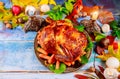 Delicious baked chicken on Thanksgiving diner to serve table close-up