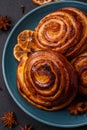 Delicious baked cinnamon raisin rolls in the form of rolls Royalty Free Stock Photo