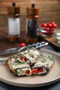 Delicious baked eggplant rolls served on table, closeup Royalty Free Stock Photo