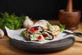 Delicious baked eggplant rolls served on wooden table Royalty Free Stock Photo