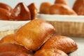 Delicious baked patties on table, closeup view