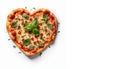 Delicious baked pizzas in the shape of a heart, with various vegetables and sausage, on a white background