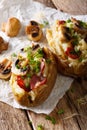 Delicious baked potato with bacon, mushrooms and cheese close-up. vertical Royalty Free Stock Photo