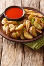 Delicious baked potato wedges with parmesan and oregano, served with pepper sauce close-up on a plate. vertical Royalty Free Stock Photo