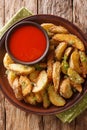 Delicious baked potato wedges with parmesan and oregano, served with pepper sauce close-up on a plate. Vertical top view Royalty Free Stock Photo