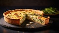 A delicious baked quiche cheese pie with a slice cut out