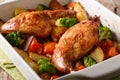 Delicious baked rabbit legs with potatoes, broccoli and tomatoes