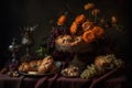 Delicious bakeries on a basket,baroque, gourmet photography with flowers