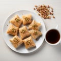 Delicious Baklava Bites With Coffee And Nuts On A Plate